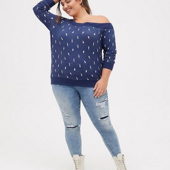torrid Sweaters - Torrid Slouchy One Shoulder Cozy Sweater Denim Color With Thunderbolts 5…